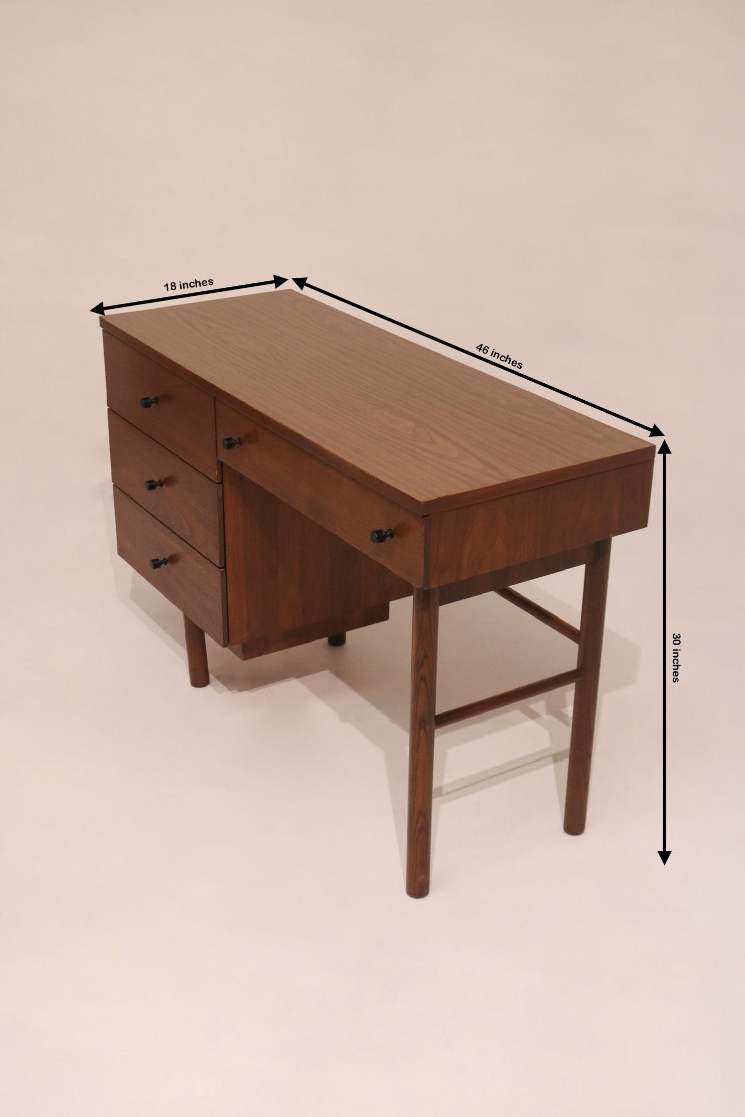 Dimensions diagram 46 by 18 by 30 inches vintage Stanley walnut desk