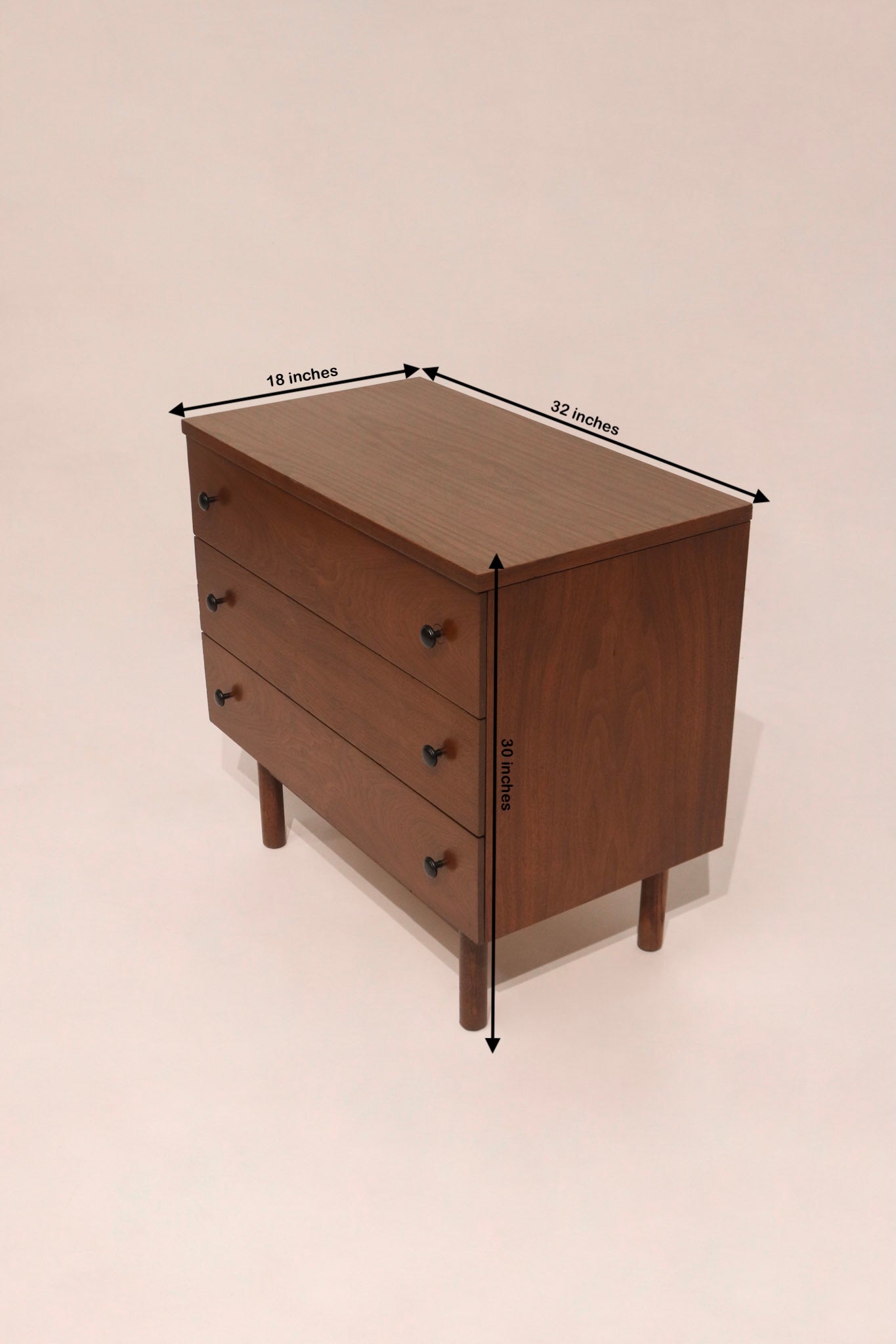 Dimensions diagram 32 by 18 by 30 inches vintage walnut chest of drawers