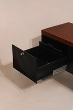 Close-up of solid walnut top wood grain and condition with some marks