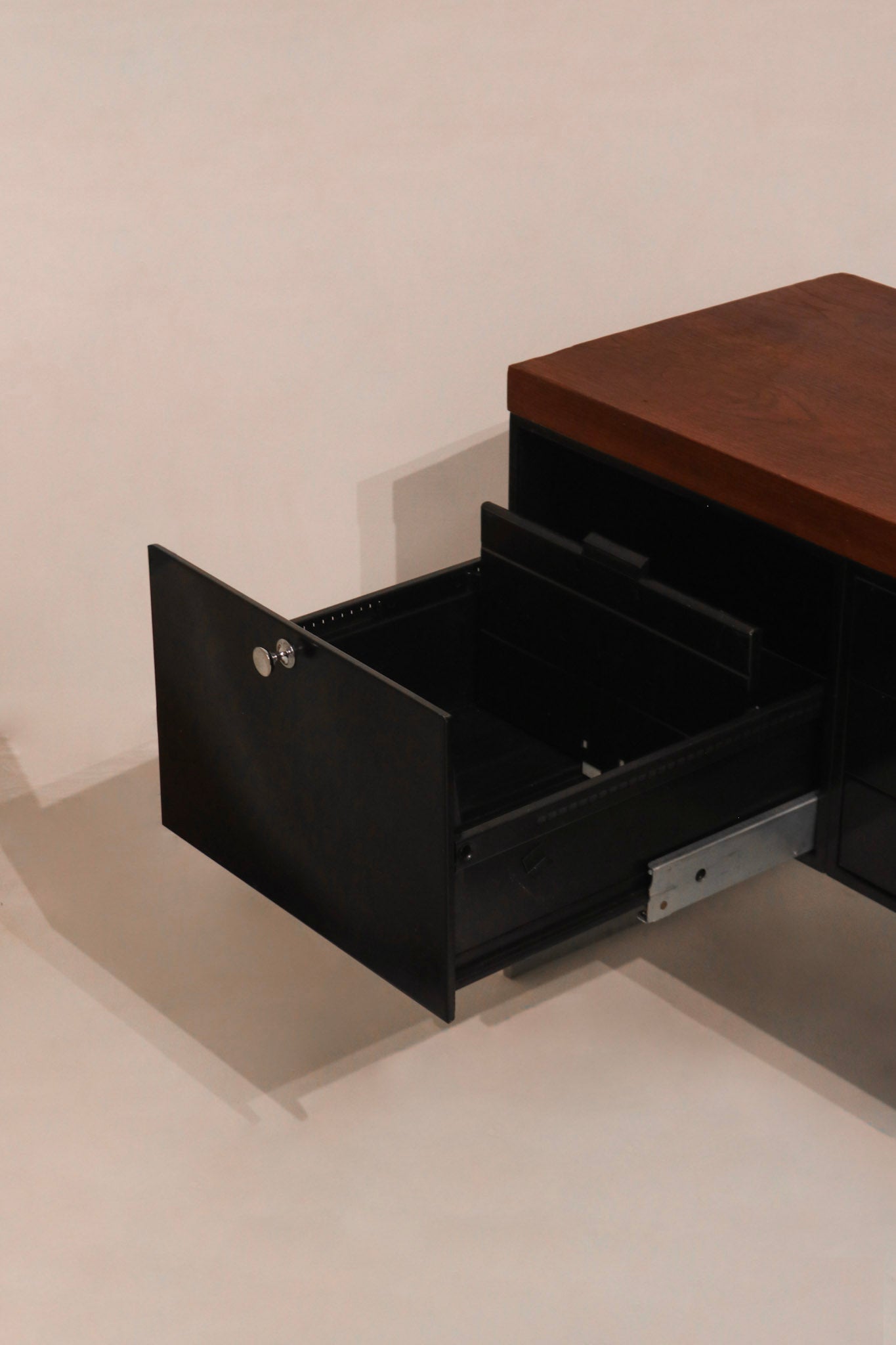 Close-up of solid walnut top wood grain and condition with some marks