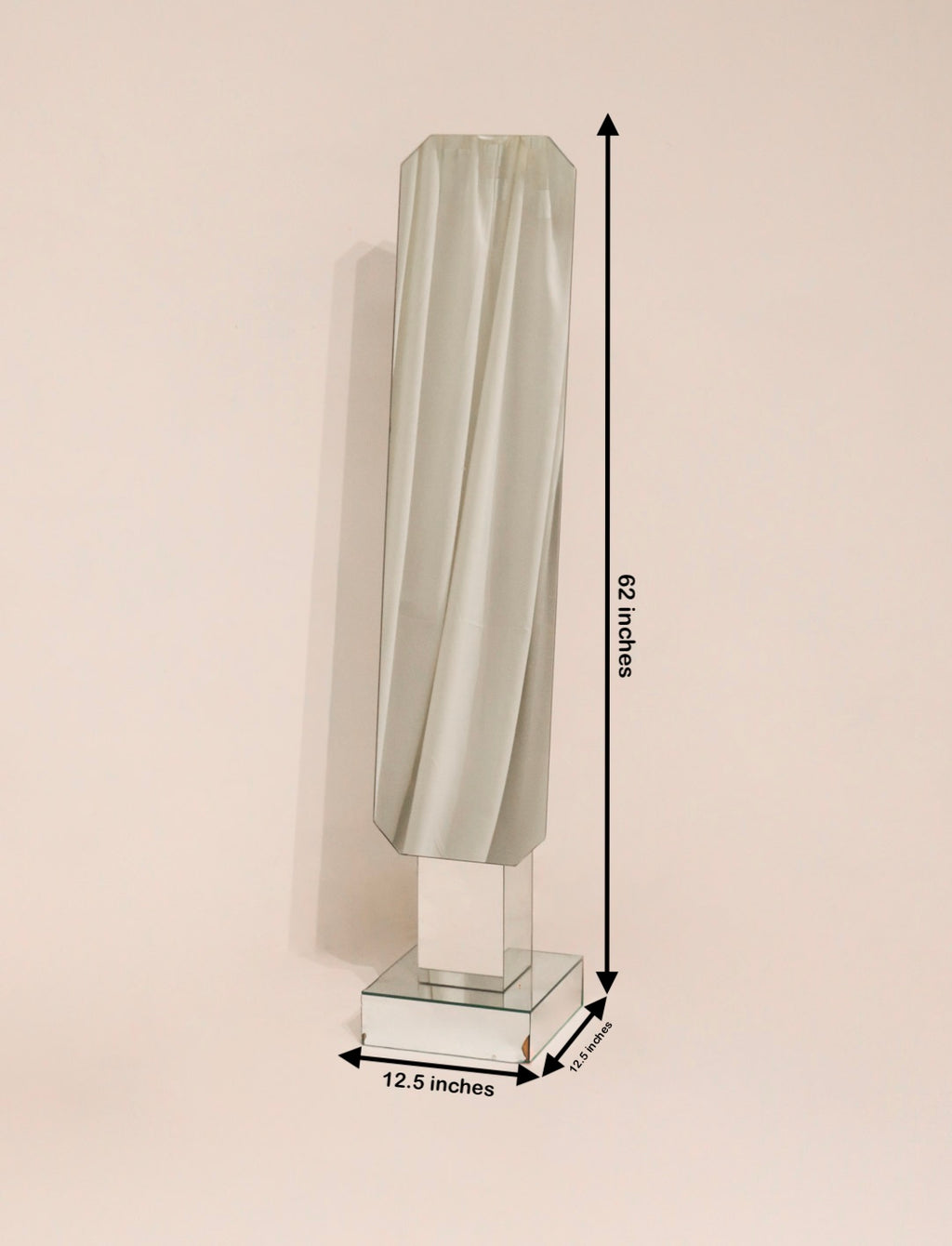 Dimensions diagram 12.5 by 12.5 by 62 inches vintage postmodern standing mirror measurements