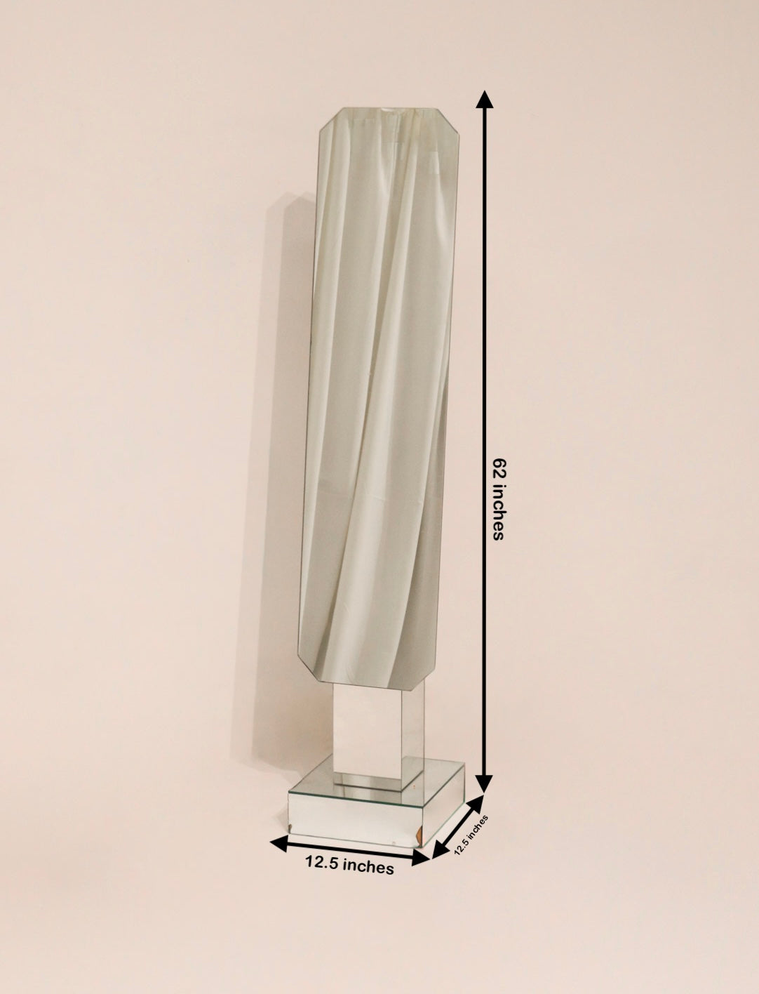 Dimensions diagram 12.5 by 12.5 by 62 inches vintage postmodern standing mirror measurements