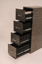 Side profile view of stepped open drawers demonstrating full extension