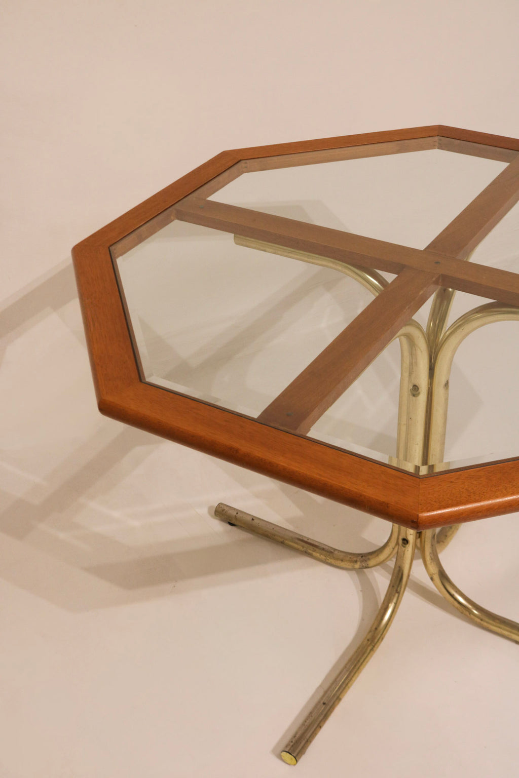 Close-up of table leg joint structure providing stability