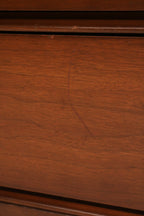 View of top surface walnut finish condition and area with missing part