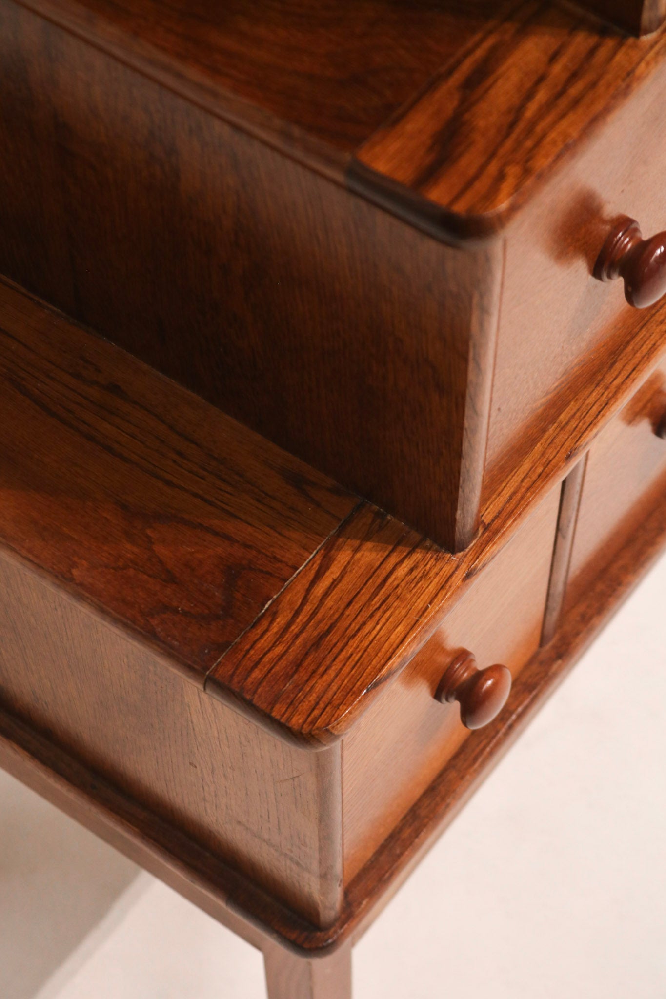 Upper corner joinery detail showing solid oak wood grain and construction