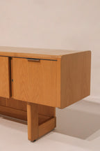 Three quarter angle view rare vintage 1980s burl and oak wood credenza sideboard 71 inches